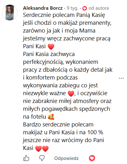 Opinia klientki 28 – makijaż permanentny Kraków