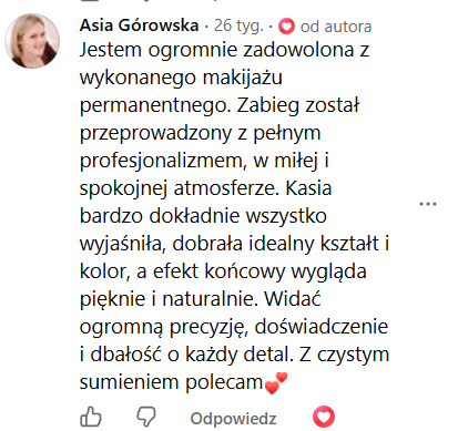 Opinia klientki 35 – makijaż permanentny Kraków